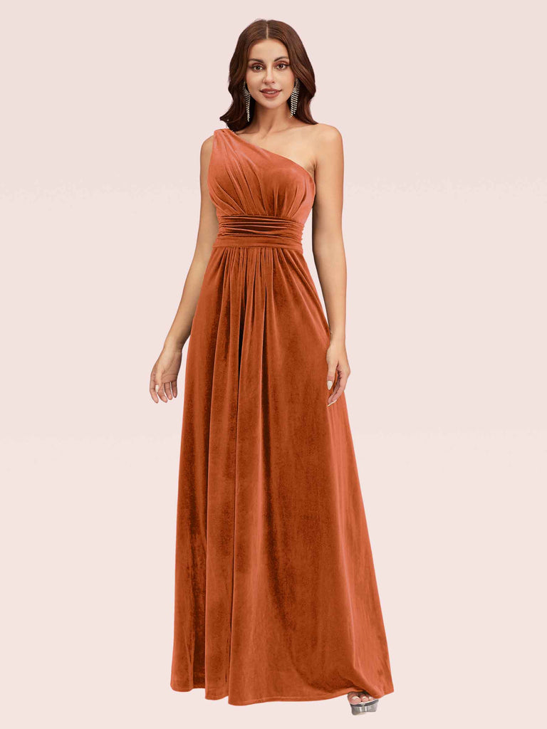 Elegant One Shoulder Long A-line Velvet Bridesmaid Dresses Online Elegant One Shoulder Long A-line Velvet Bridesmaid Dresses Online