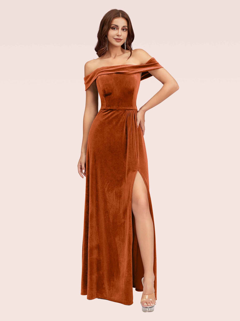 Elegant Stretch Velvet Off Shoulder Side Slit Long Formal Prom Dresses Online Elegant Stretch Velvet Off Shoulder Side Slit Long Formal Prom Dresses Online