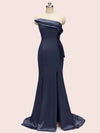 Sexy One Shoulder Side Slit Mermaid Long Soft Satin Evening Prom Dresses 2023