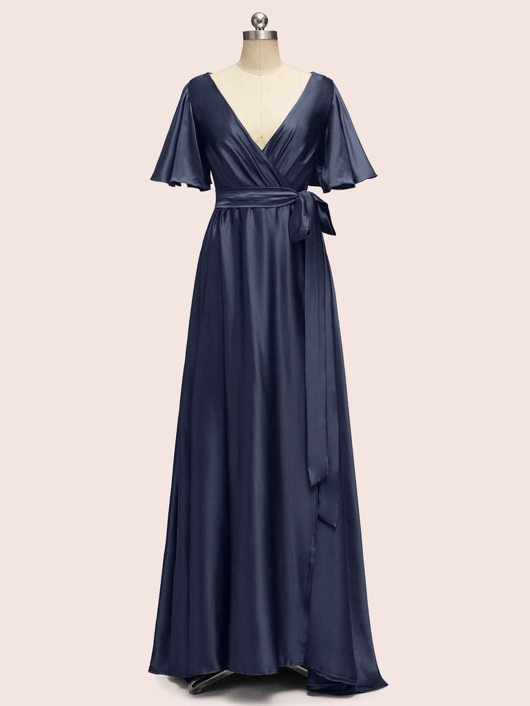 Elegant V-Neck A-Line Long Soft Satin Short Sleeve Bridesmaid Dresses Elegant V-Neck A-Line Long Soft Satin Short Sleeve Bridesmaid Dresses