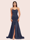 Sexy Backless Mermaid Spaghetti Straps Long Soft Satin Bridesmaid Dresses With Slit