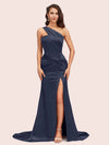 Sexy Mermaid One Shoulder Long Soft Satin Side Slit Bridesmaid Dresses Online