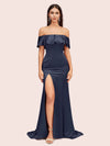 Elegant Soft Satin Off Shoulder Long Mermaid Graduation Prom Dresses With Slit