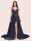 Elegant Spaghetti Straps V-neck Long Soft Satin Side Slit Bridesmaid Dresses For Sale