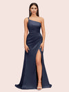 Soft Satin One Shoulder Side Slit Silky Long Mermaid Bridesmaid Dresses Online For Sale