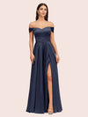 Sexy Off Shoulder Side Slit A-Line Long Soft Satin Bridesmaid Dresses Online