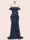Sexy Off Shoulder Side Slit Long Soft Satin Bridesmaid Dresses With Ruffle