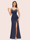 Simple Spaghetti Straps Mermaid Long Silky Satin evening Prom Dresses With Slit
