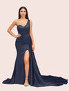 Sexy Mermaid One Shoulder Long Soft Satin Side Slit Bridesmaid Dresses