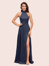 Elegant A-line High Neck Long Side Split Long Soft Satin Bridesmaid Dresses