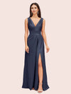 Sexy V-neck Long Side Slit Silk Satin Evening Prom Dresses Online