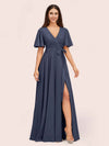 Elegant A-line V-neck Short Sleeves Long Bridesmaid Dresses With Slit