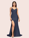 Simple Mermaid Spaghetti Straps Side Slit Long Soft Satin Formal Prom Dresses 2023