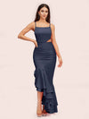 Sexy Unique Mermaid Spaghetti Straps Asymmetrical Soft Satin Bridesmaid Dresses