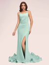Sexy Backless Spaghetti Straps Side Slit Stretchy Jersey Long Mermaid Bridesmaid Dresses