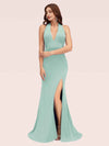 Sexy Halter Sleeveless Open Back Side Slit Stretchy Jersey Long Mermaid Bridesmaid Dresses