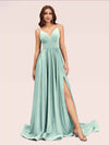 Sexy Side Slit Spaghetti Straps V-neck Jersey Long Bridesmaid Dresses Online