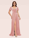 Elegant Velvet V-neck Side Slit Short Sleeves Long Bridesmaid Dresses Online