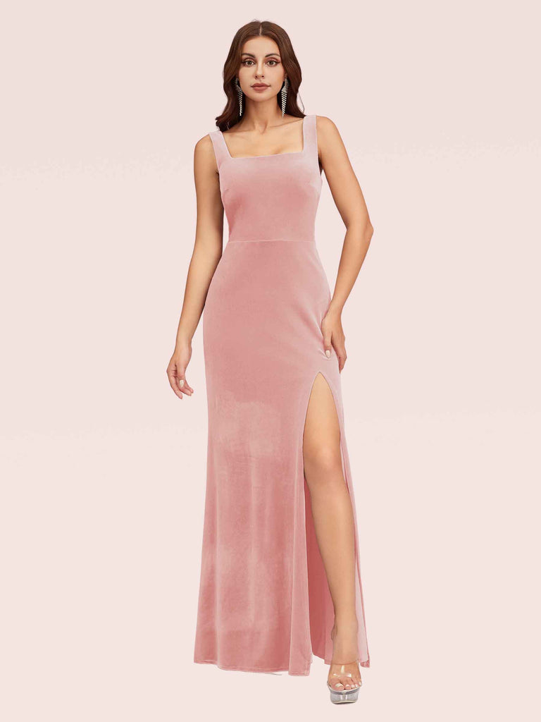 Elegant Velvet Square Neck Sleeveless Long Mermaid Bridesmaid Dresses With Slit Elegant Velvet Square Neck Sleeveless Long Mermaid Bridesmaid Dresses With Slit