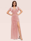 Sexy Bat Sleeves V-neck Long Stretch Velvet Bridesmaid Dresses With Slit