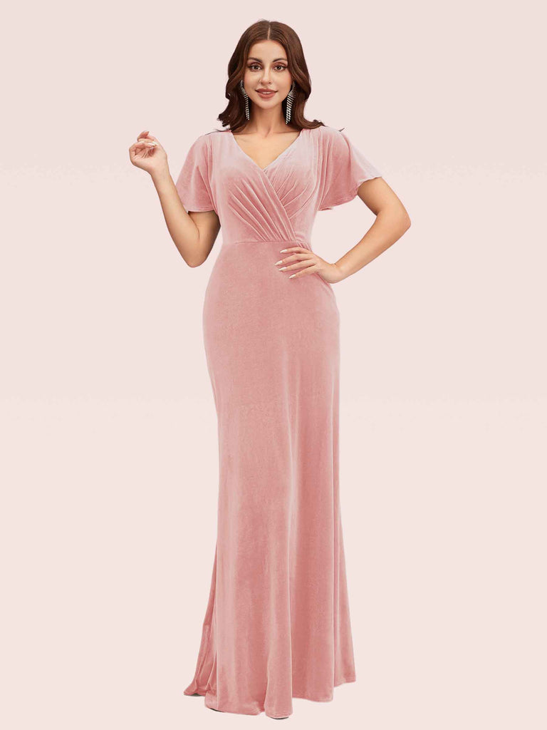 Sexy Short Sleeves Open Back Long Stretch Velvet Bridesmaid Dresses Online Sexy Short Sleeves Open Back Long Stretch Velvet Bridesmaid Dresses Online
