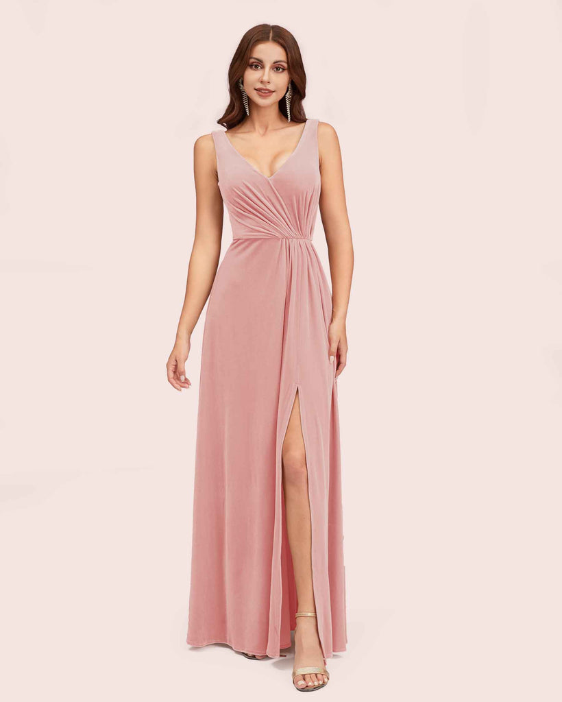 Modern Velvet V-Neck Side Slit Long Bridesmaid Dresses Online