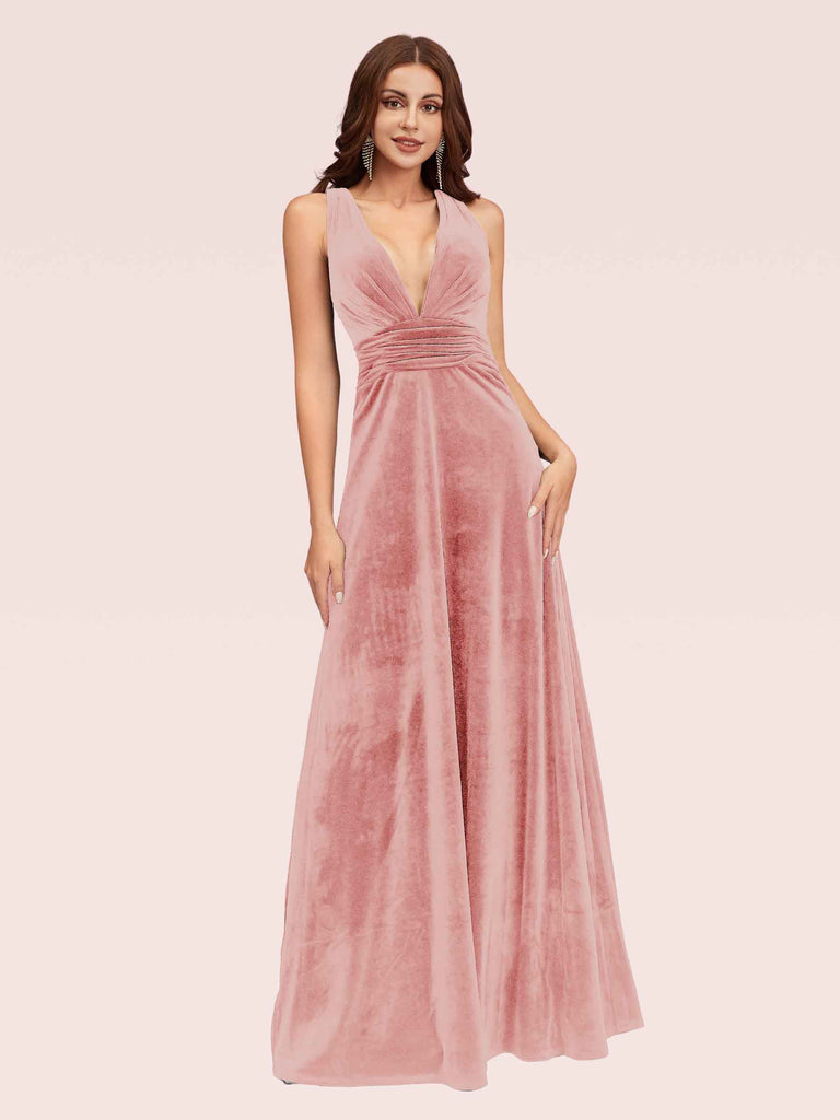 Sexy Deep V Neck Velvet V-Neck Criss Cross Long Bridesmaid Dresses Online