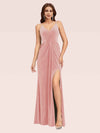 Sexy Spaghetti Strap V-Neck Long Velvet Bridesmaid Dress With Slit