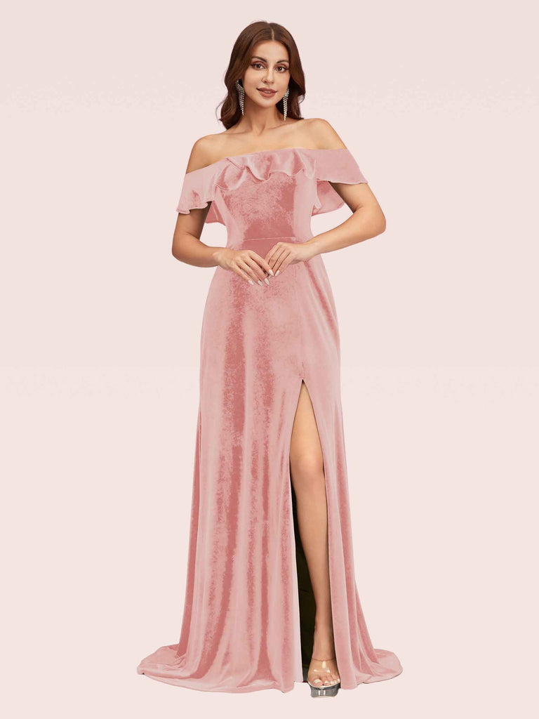 Elegant Off Shoulder Side Slit Long Velvet Bridesmaid Dresses Online For Sale