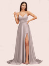 Elegant A-line Spaghetti Straps Long Soft Satin Party Prom Dresses With Slit