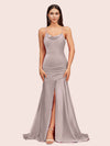 Sexy Backless Mermaid Spaghetti Straps Long Soft Satin Bridesmaid Dresses With Slit