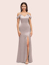 Sexy Cold Shoulder V-Neck Side Slit Mermaid Long Soft Satin Evening Prom Dresses