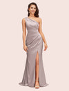 Elegant One Shoulder Mermaid Side Slit Soft Satin Bridesmaid Dresses