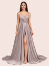 Elegant Spaghetti Straps A-line V-neck Long Soft Satin Side Slit Formal Prom Dresses