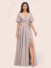 Elegant A-line V-neck Short Sleeves Long Bridesmaid Dresses With Slit
