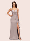 Sexy Spaghetti Straps V-neck Long Mermaid Satin Graduation Prom Dresses With Slit
