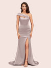 Sexy Mermaid One Shoulder Long Soft Satin Bridesmaid Dresses With Slit For Sale