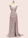 Sexy See Through Side Slit Long Soft Satin Bridesmaid Dresses 2023