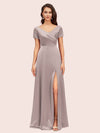 Elegant V-Neck Short Sleeves Long Soft Satin Party Prom Dresses With Slit