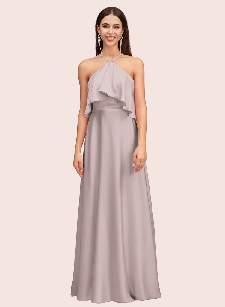 Elegant A-line Halter Sleeveless Long Soft Satin Bridesmaid Dresses Online