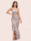Sexy Unique Mermaid Spaghetti Straps Asymmetrical Soft Satin Formal Prom Dresses