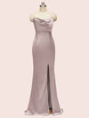 Sexy Cowl Neck Spaghetti Straps Mermaid Long Soft Satin Bridesmaid Dresses With Slit