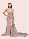 Sexy Mermaid One Shoulder Long Soft Satin Side Slit Bridesmaid Dresses
