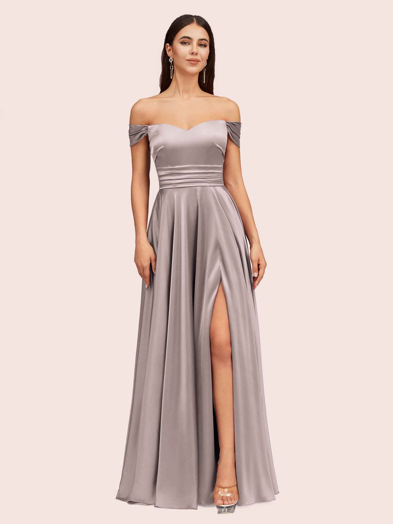 Sexy Off Shoulder Side Slit A-Line Long Soft Satin Formal Prom Dresses Online