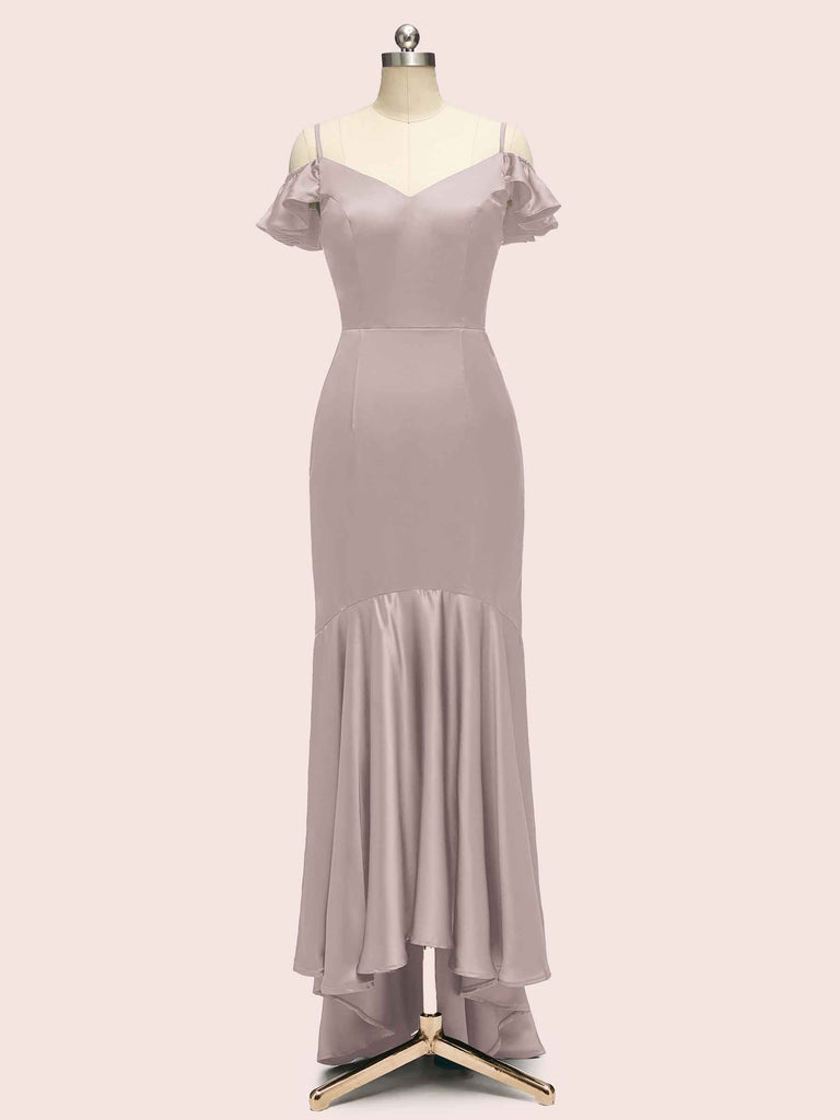 Sexy Cold Shoulder High Low Asymmetric Soft Satin Bridesmaid Dresses Online