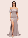 Elegant Soft Satin Off Shoulder Long Mermaid Graduation Prom Dresses With Slit