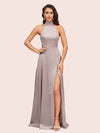 Elegant A-line High Neck Long Side Split Long Soft Satin Bridesmaid Dresses For Sale