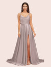 Elegant A-line Spaghetti Straps Long Silky Satin Evening Prom Dresses With Slit