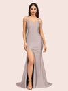 Simple Mermaid Spaghetti Straps Side Slit Long Soft Satin Formal Prom Dresses 2023