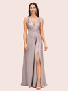 Sexy V-neck Long Side Slit Silk Satin Evening Prom Dresses Online